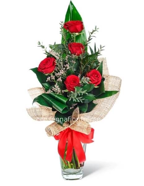 ❤️ Mazzo di cinque rose rosse a stelo lungo
